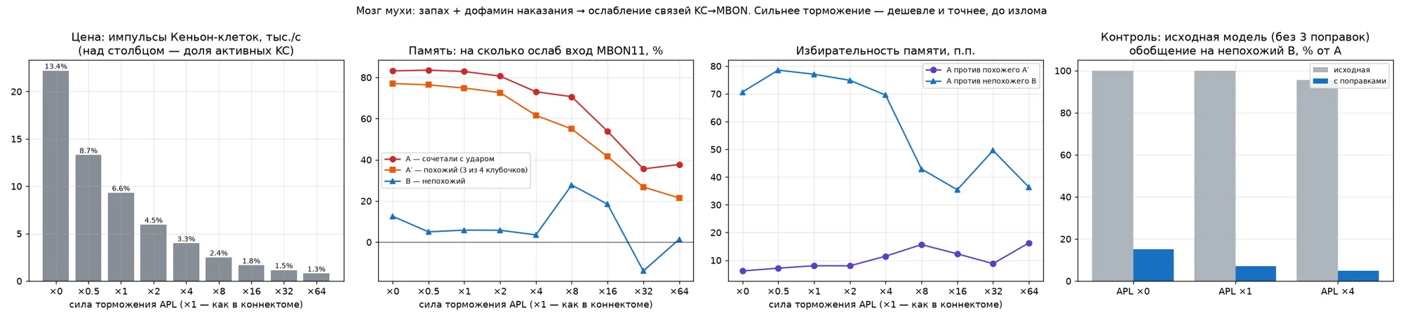 Опыт на модели мозга мухи: цена в импульсах, сила памяти и избирательность при разной силе торможения