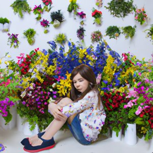 Изображение по задаче: Girl, many different flowers, spring